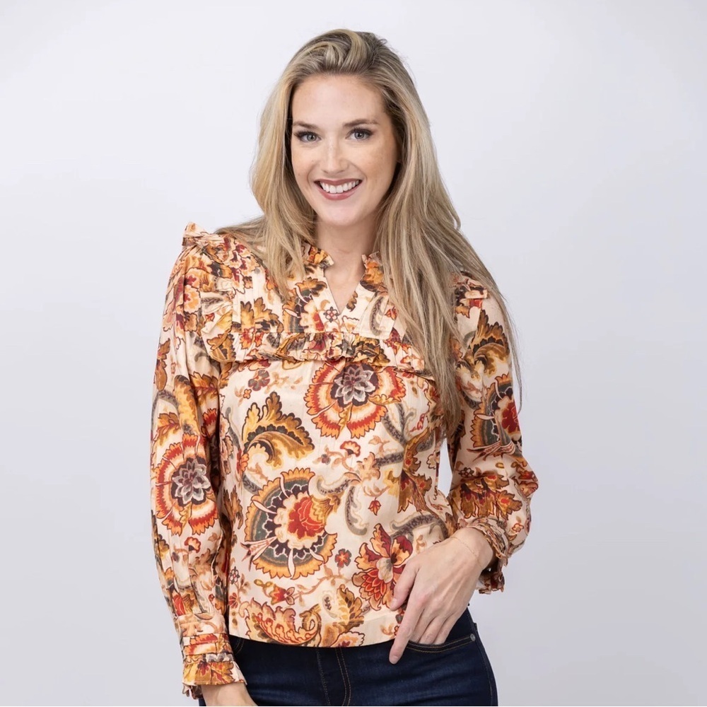 Love The Label Tallulah Floral Ruffle Blouse - Cream and Brown New Fall Small - Picture 7 of 7